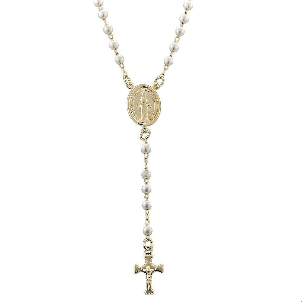 Gold Filled Thin Rosary Virgen Maria and Crucifix Design With Pearl Golden Tone