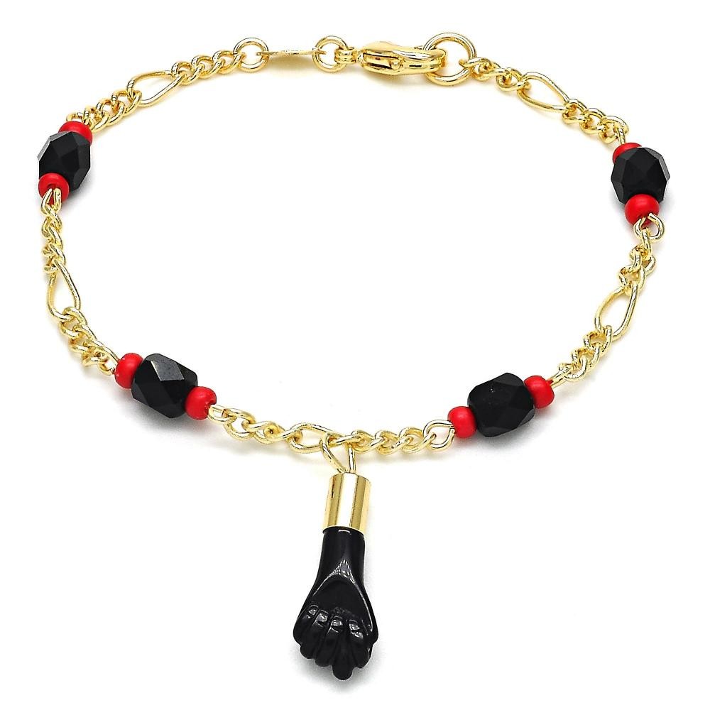 Gold Filled Fancy Bracelet Figa Hand Design with Black Azavache Red Resin Finish Golden Tone