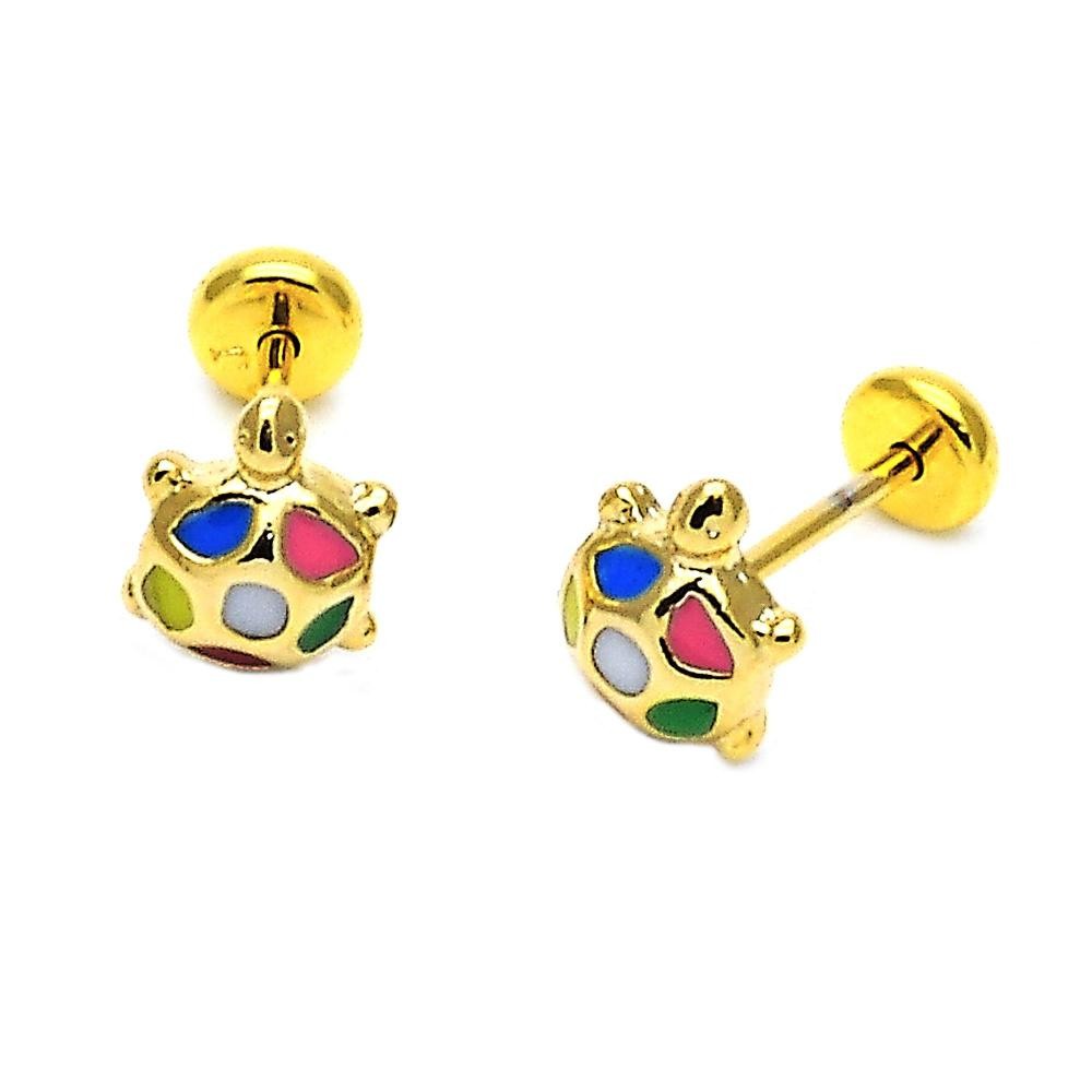 Gold Filled Stud Earring Turtle Design Multicolor Enamel Finish Golden Tone