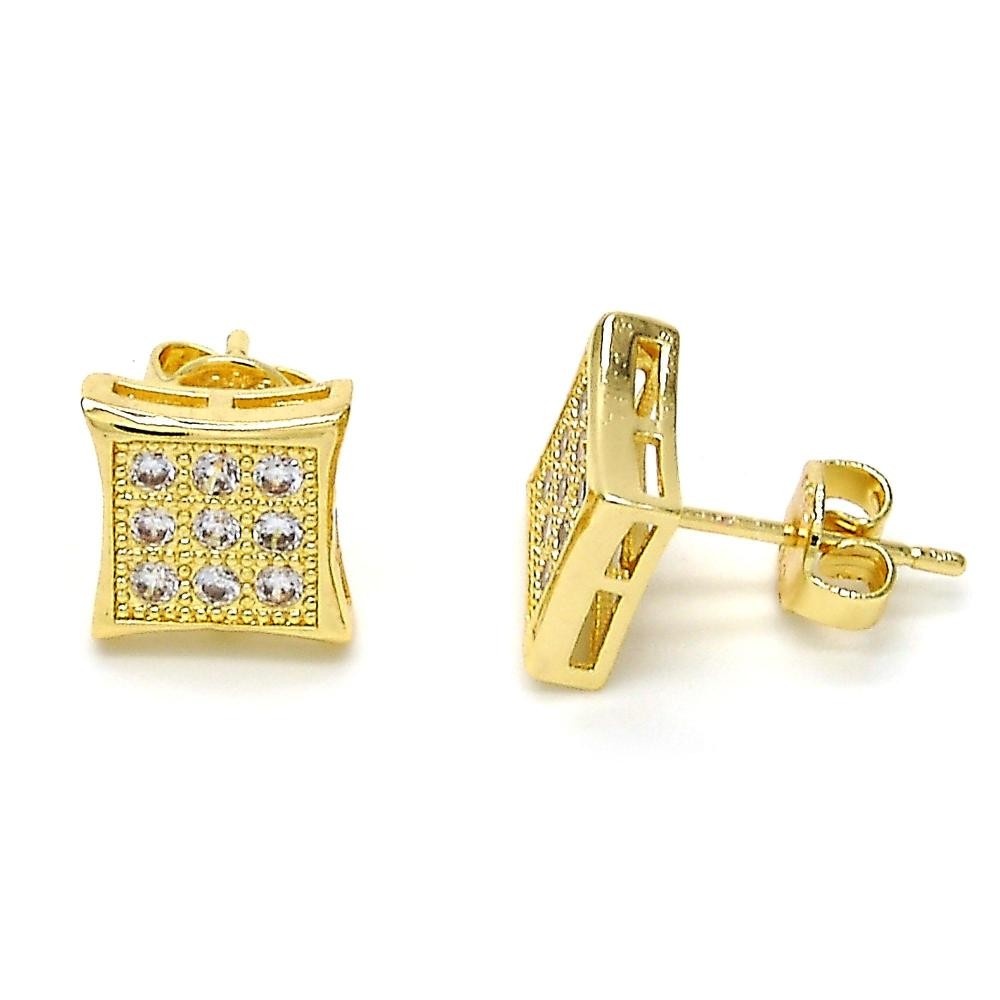 Gold Finish Stud Earring with White Micro Pave Polished Golden Tone