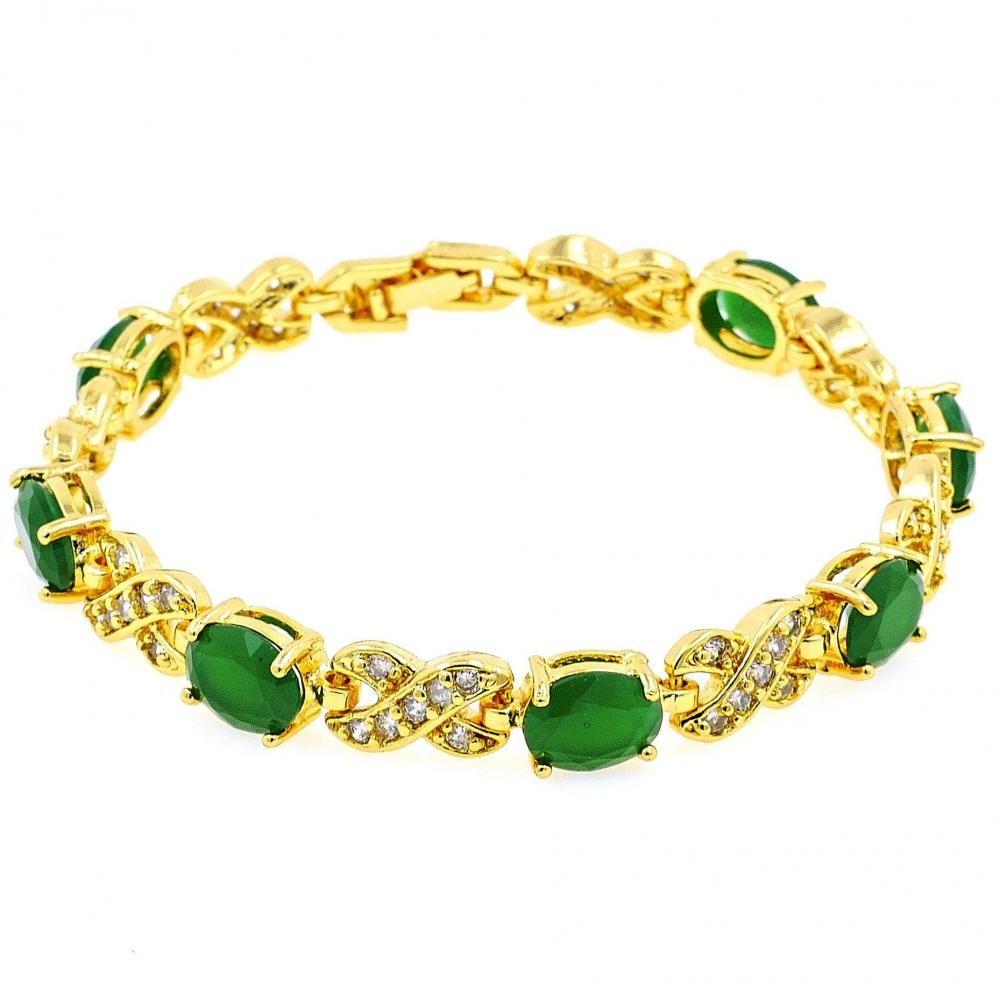Gold Filled Tennis Bracelet Hugs and Kisses Design With Green and White Cubic Zirconia Polished Finish Golden Tone