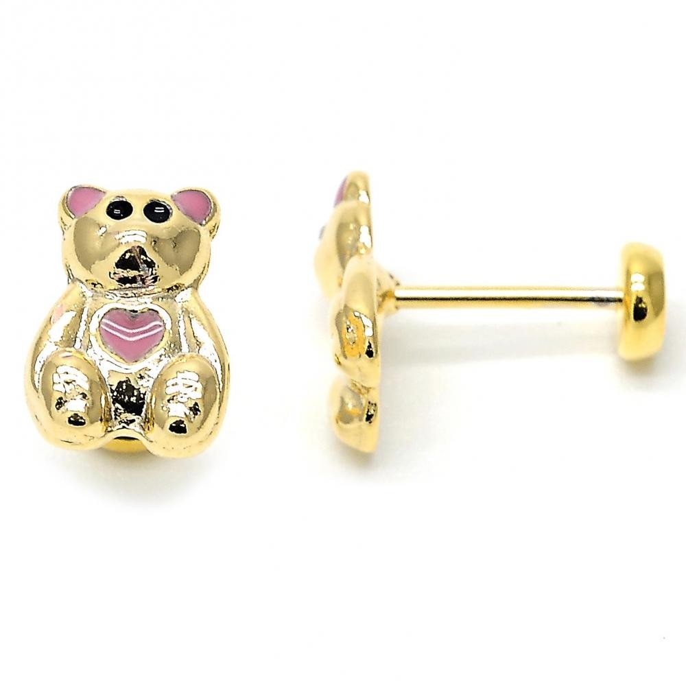 Gold Filled Stud Earring Teddy Bear Design Pink Enamel Finish Golden Tone