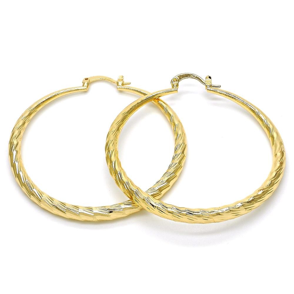 Gold Finish Large Hoop 2x50mm Hollow Design Diamond Cutting Finish Golden Tone