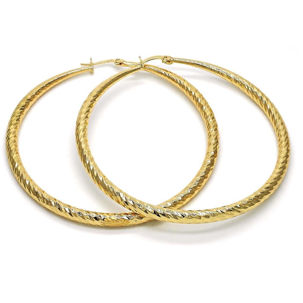Gold Finish Extra Large Hoop 2x70mm Hollow Design Diamond Cutting Finish Golden Tone