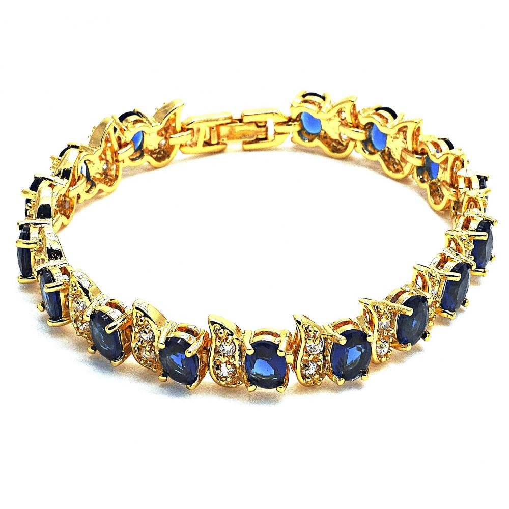Gold Filled Tennis Bracelet With Sapphire Blue and White Cubic Zirconia Polished Finish Golden Tone