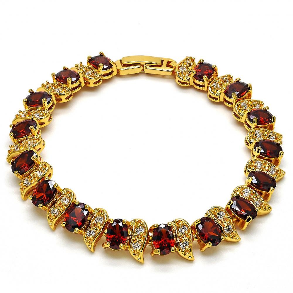 Gold Filled Tennis Bracelet With Garnet and White Cubic Zirconia Polished Finish Golden Tone