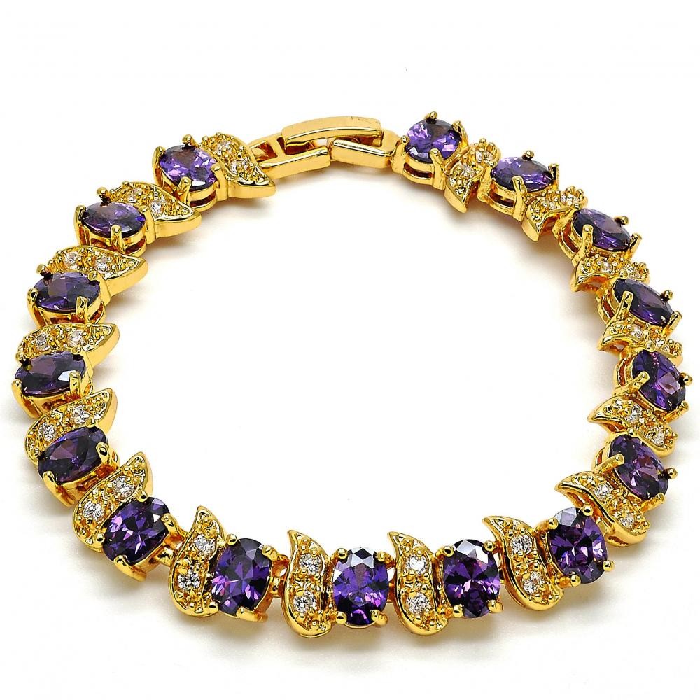 Gold Filled Tennis Bracelet With Amethyst and White Cubic Zirconia Polished Finish Golden Tone