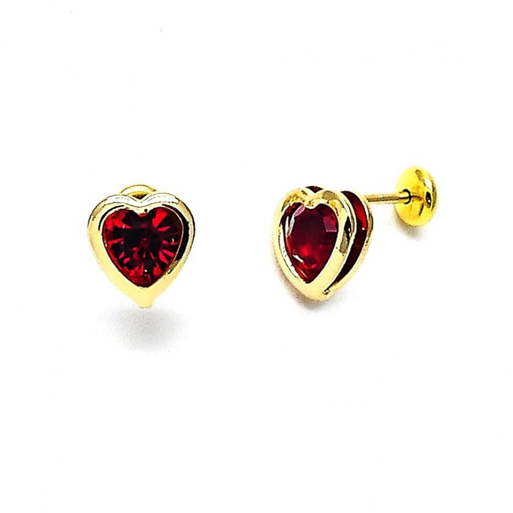 Gold Filled Stud Earring Heart and Love Design With Orange Red Crystal Polished Finish Golden Tone