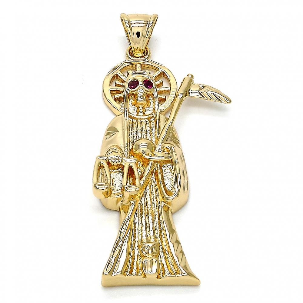 Gold Filled Religious Pendant Santa Muerte and Owl Design With Cubic Zirconia Golden Tone
