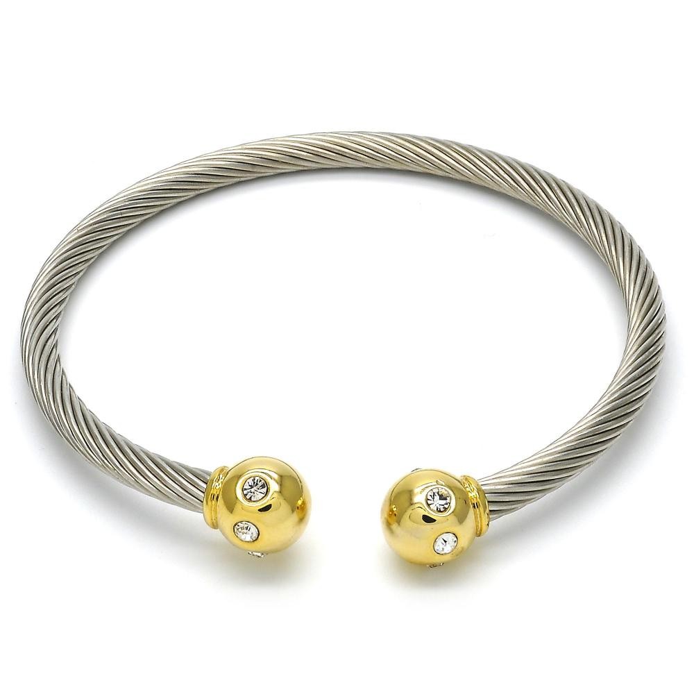 Stainless Steel Ladies Bracelet White & Gold Plated Mesh Style With Ball Design With Cubic Zirconia Polished