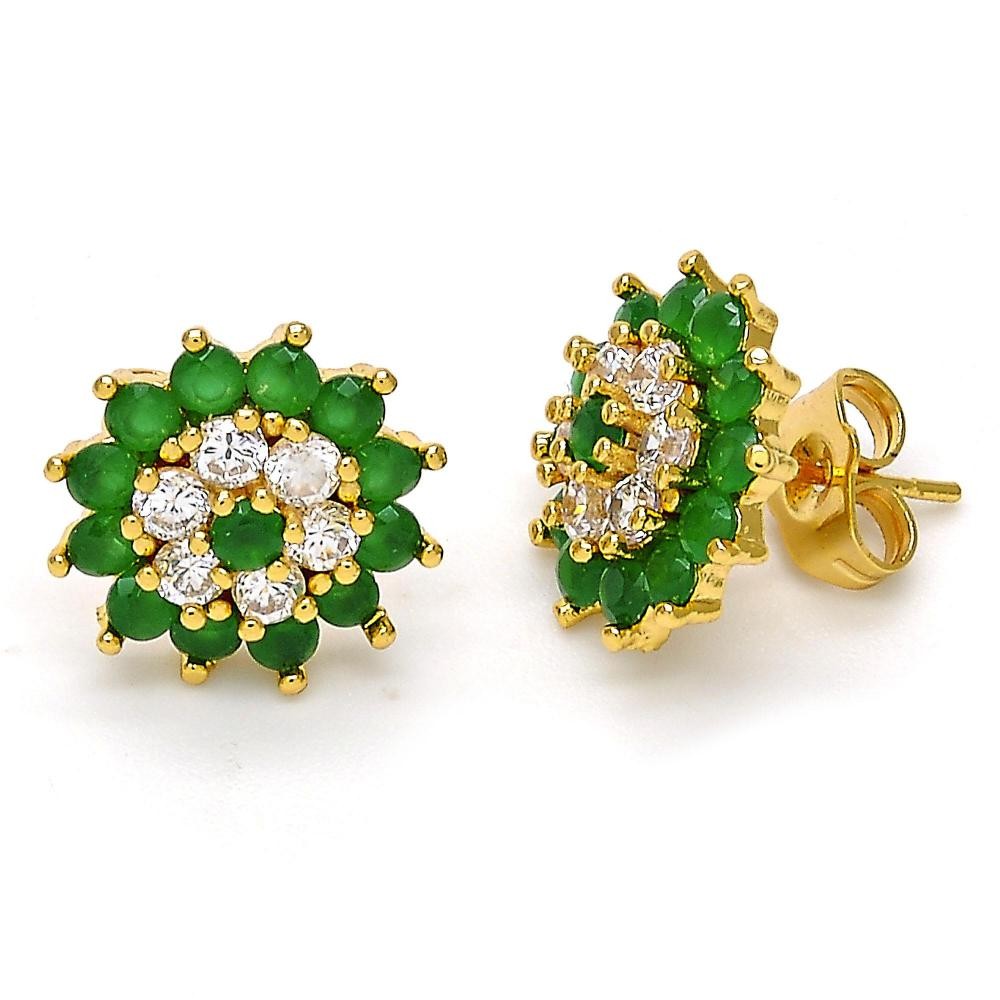 Gold Filled Stud Earrings Flower Design With Green Cubic Zirconia Golden Tone