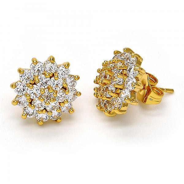 Gold Filled Stud Earring Flower Design Golden Tone With White Cubic Zirconia