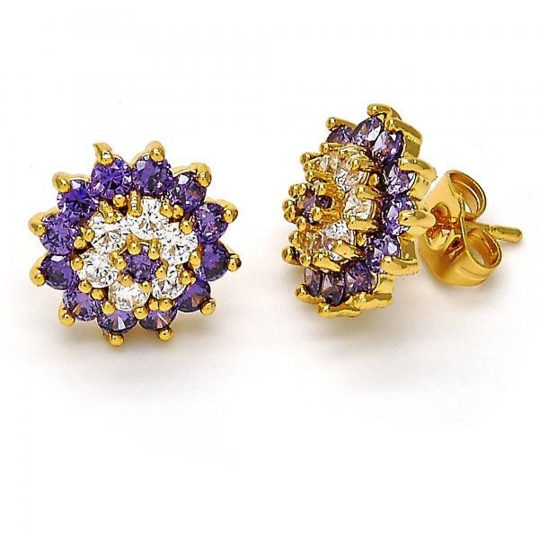 Gold Filled Stud Earring Flower Design Golden Tone With Purple Cubic Zirconia
