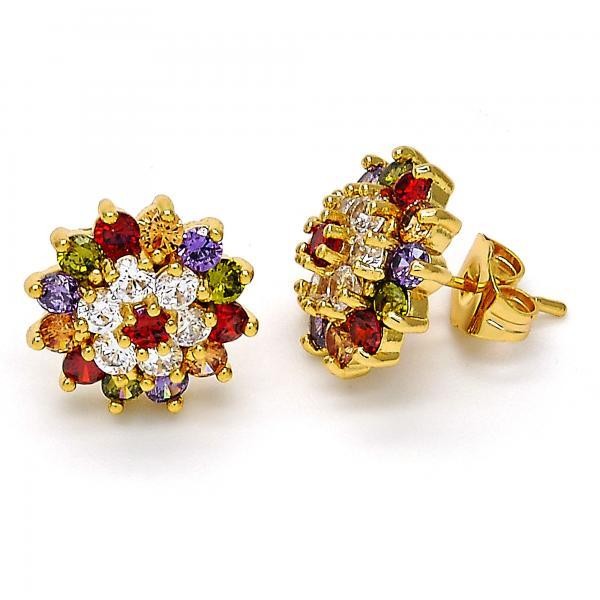 Gold Filled Stud Earring Flower Design Golden Tone With Multicolor Cubic Zirconia