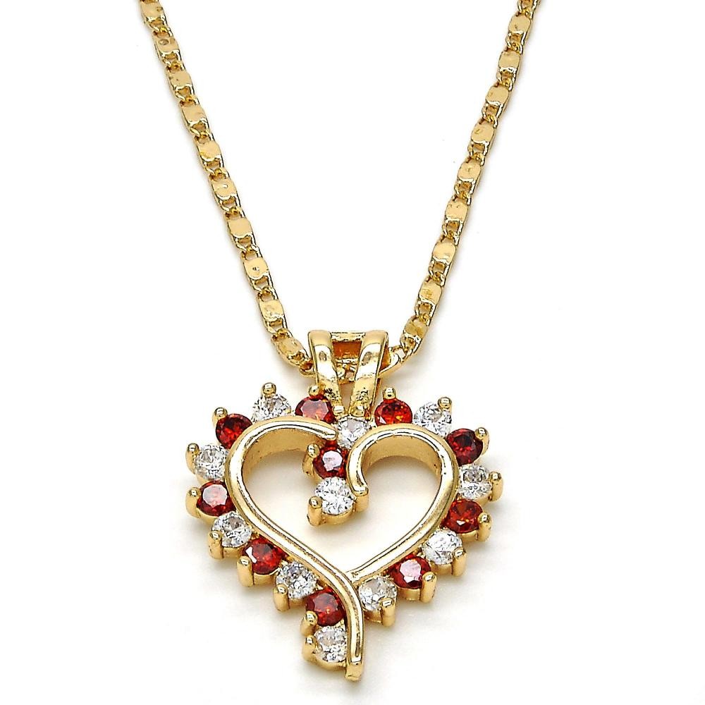 Gold Layered Pendant Necklace Heart Design With Garnet Cubic Zirconia Golden Tone