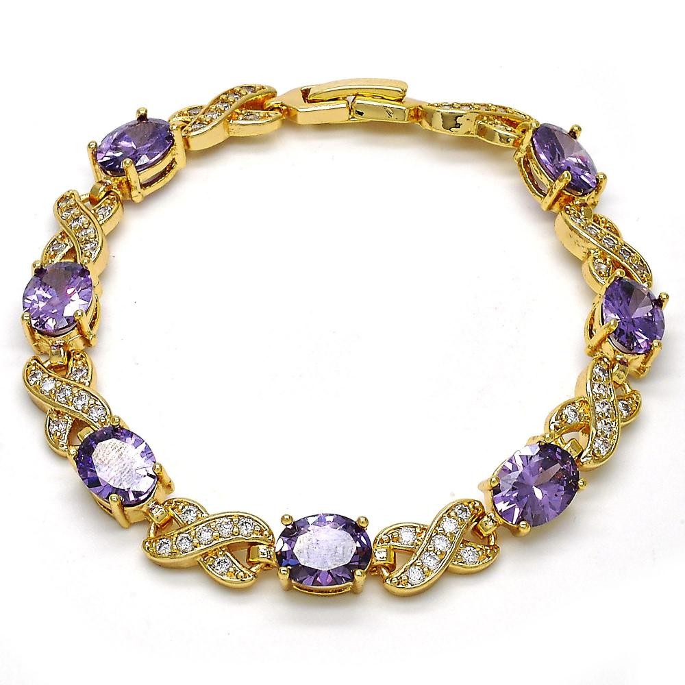 Gold Filled Tennis Bracelet Hugs and Kisses Design With Amethyst and White Cubic Zirconia Polished Finish Golden Tone