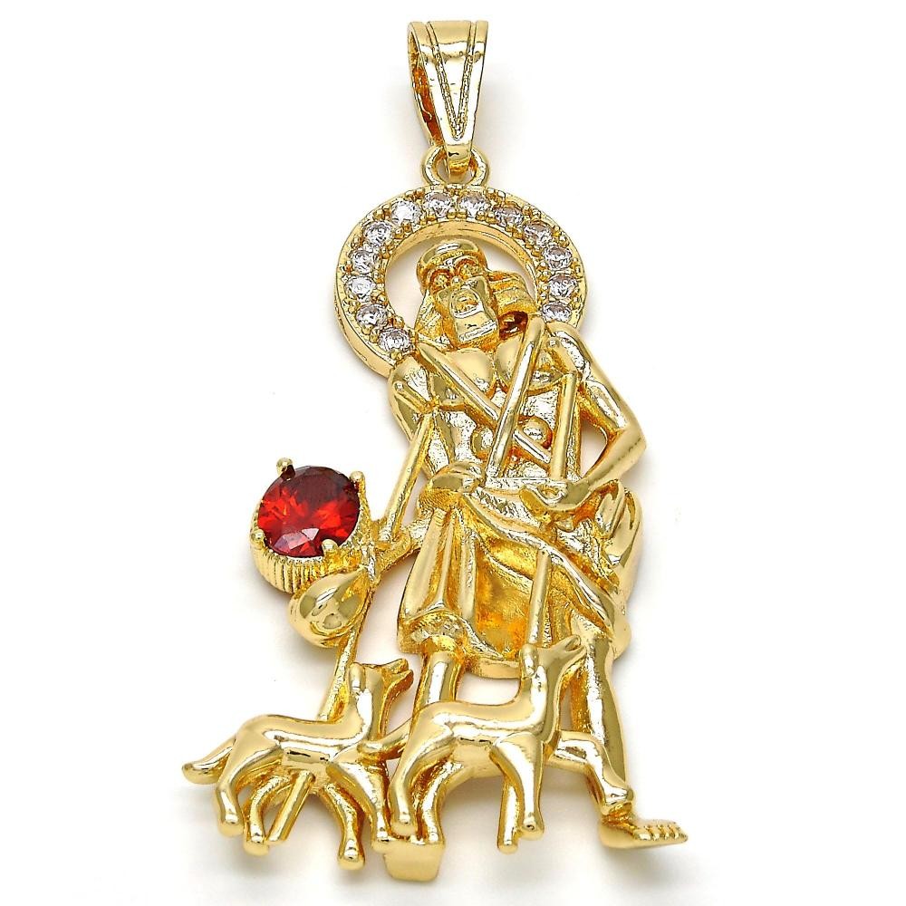 Gold Filled Religious Pendant San Lazaro Design With White and Garnet Cubic Zirconia Polished Finish Golden Tone