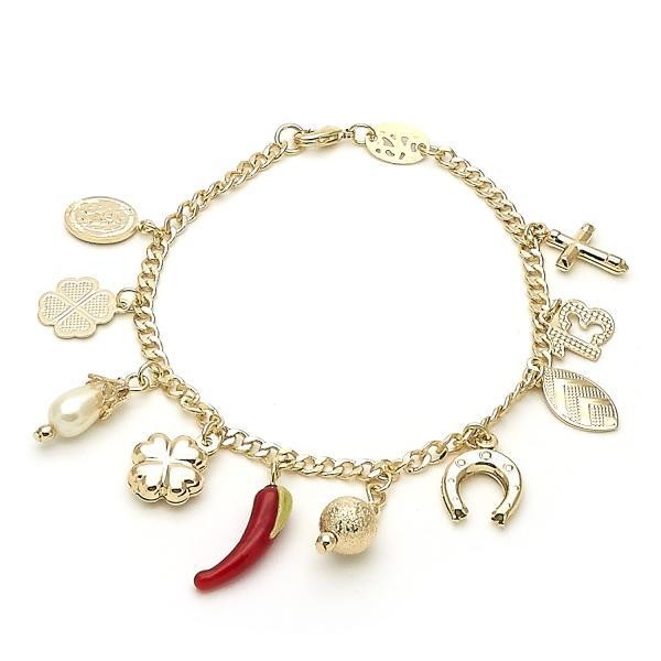 Gold Filled Charm Bracelet Four-leaf Clover and Cross Design With Ivory Pearl Polished Finish Golden Tone