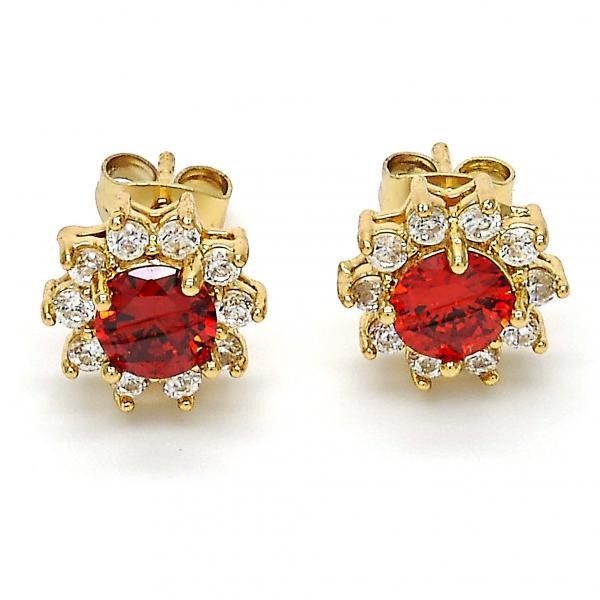 Gold Filled Stud Earring Flower Design Golden Tone With Red Cubic Zirconia