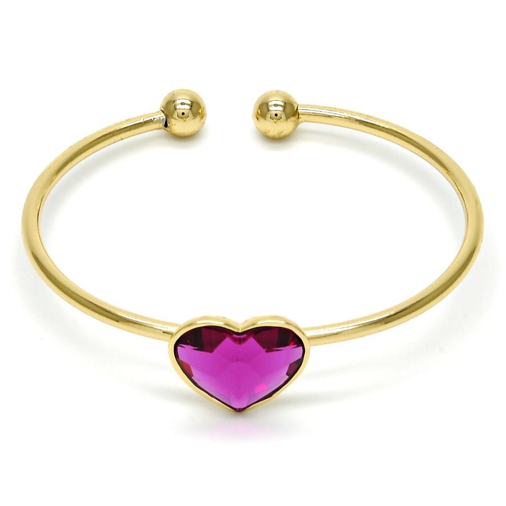 Gold Filled Bangle Heart Design With Fuchsia Swarovski Crystals Golden Tone