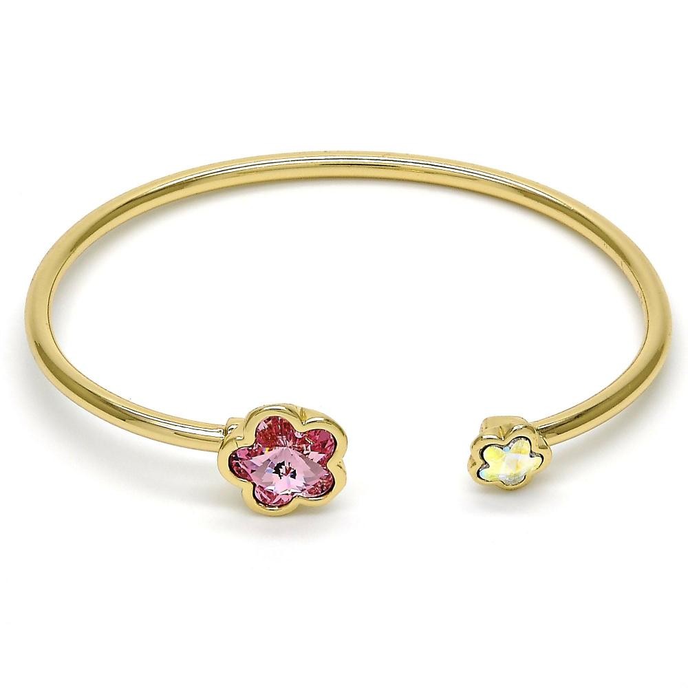 Gold Filled Individual Bangle Flower Design With Rose Swarovski Crystals Golden Tone