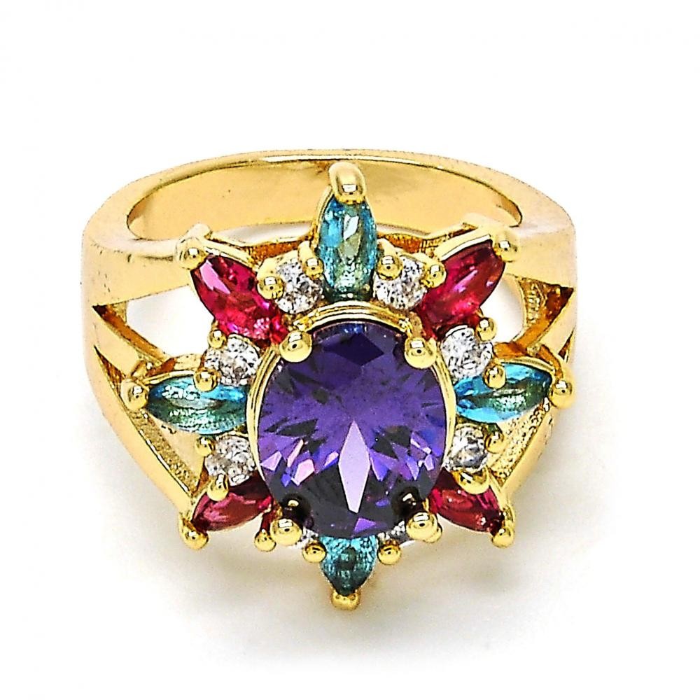 Gold Filled Multi Stone Ring With Multi Color Cubic Zirconia Golden Tone