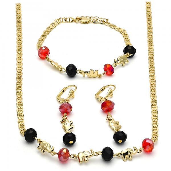 Gold Filled Necklace Bracelet and Earring Elephant Design With Garnet and Black Crystal Polished Finish Golden Tone