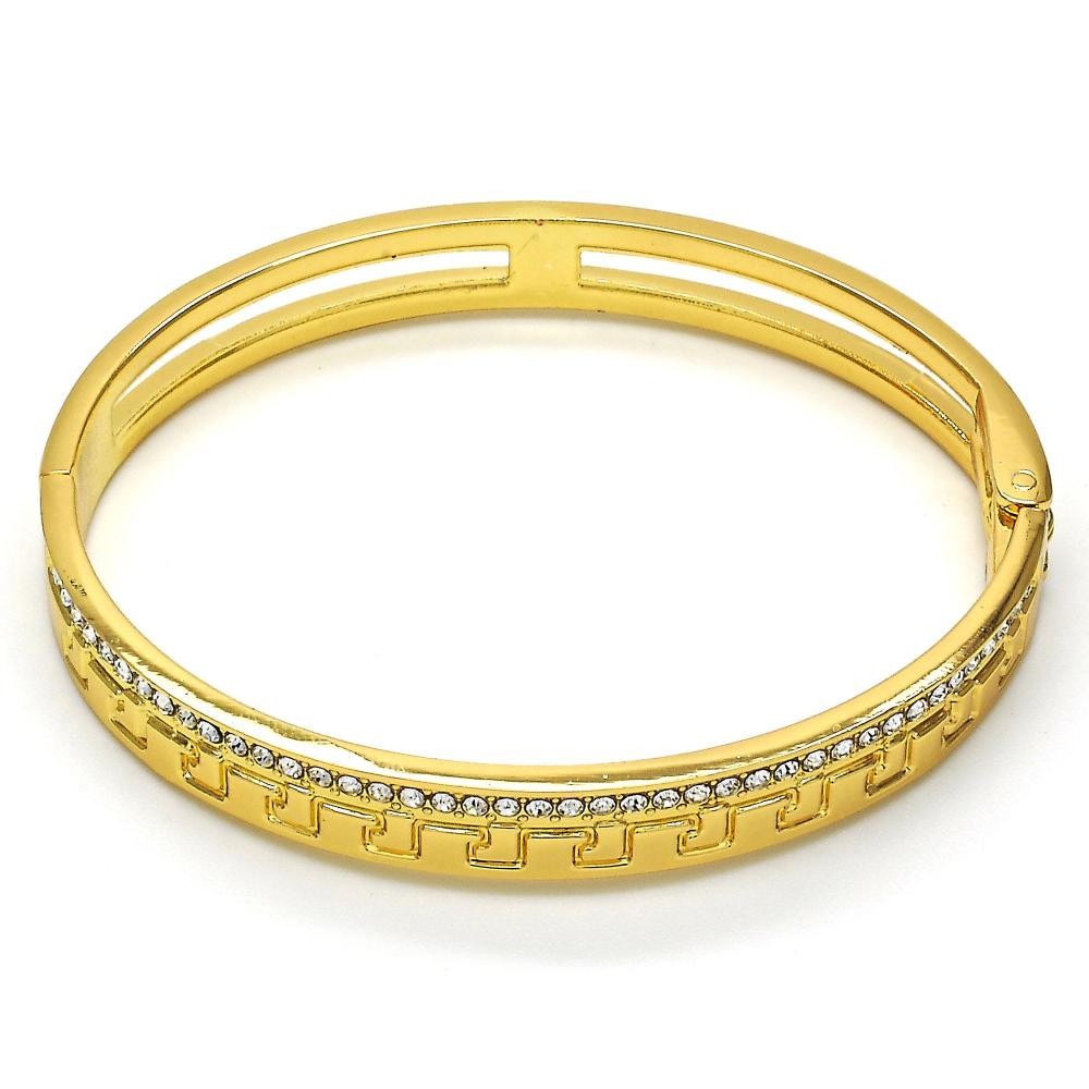 Gold Filled Individual Bangle Greek Key Design with White Crystal Polished Golden Tone (08 MM Thickness, Size 4 - 2.25 Diameter)