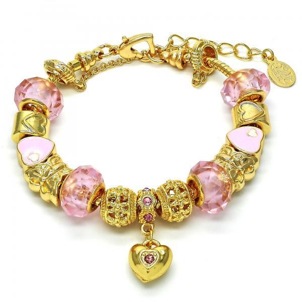 Gold Filled Fancy Bracelet Heart and Butterfly Design Golden Tone With Pink Crystal Pink Enamel Finish