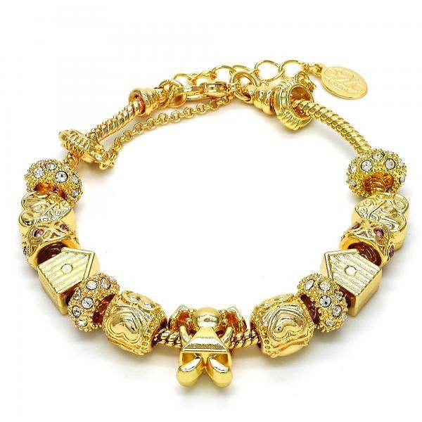 Gold Filled Fancy Bracelet Little Girl and Heart Design Golden Tone With White and Pink Crystal 