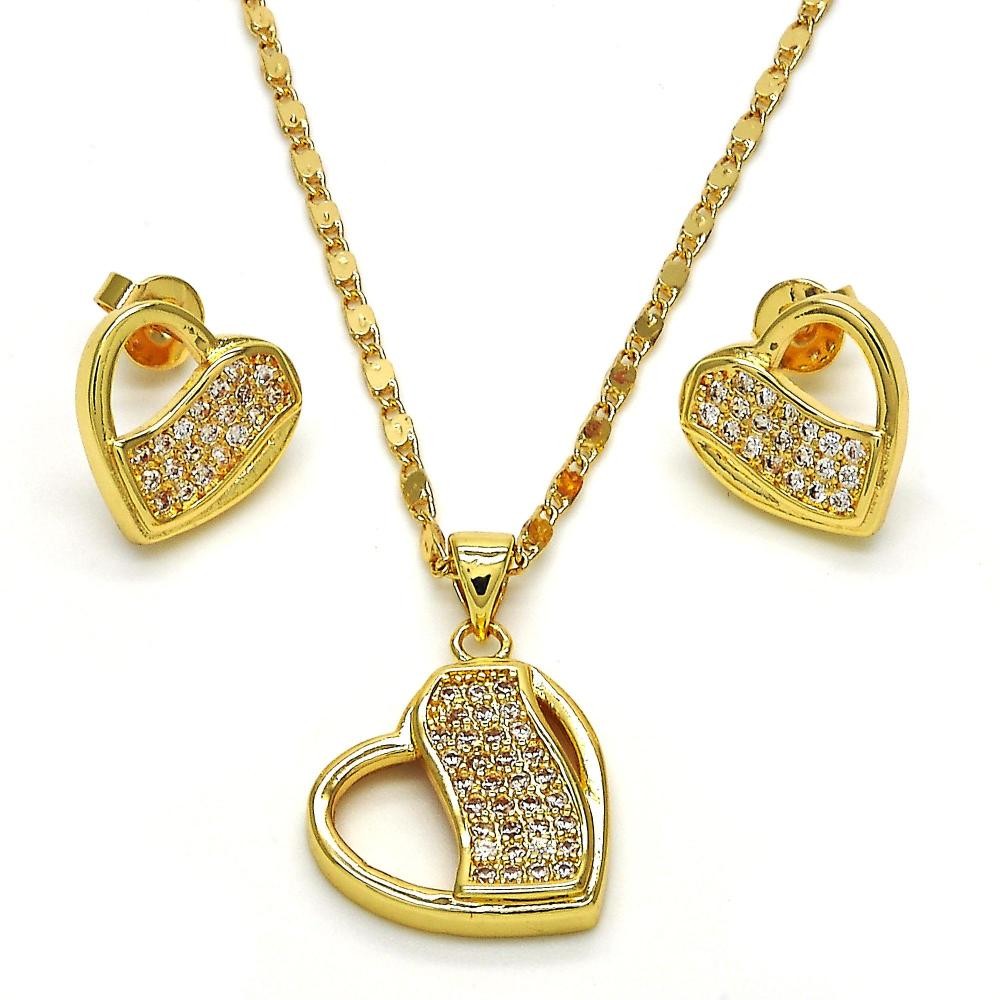 Gold Filled Earring and Pendant Set Heart Design With White Cubic Zirconia Polished Finish Golden Tone