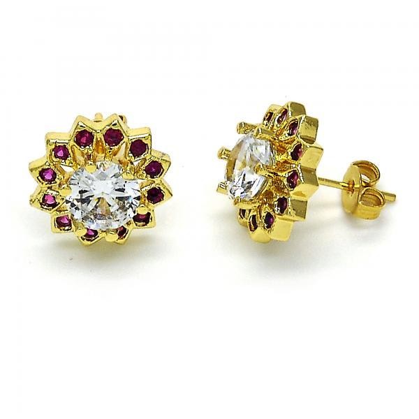 Gold Filled Stud Earring Flower Design Golden Tone With Red Cubic Zirconia 
