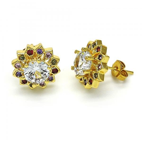 Gold Filled Stud Earring Flower Design Golden Tone With Muticolor Cubic Zirconia 