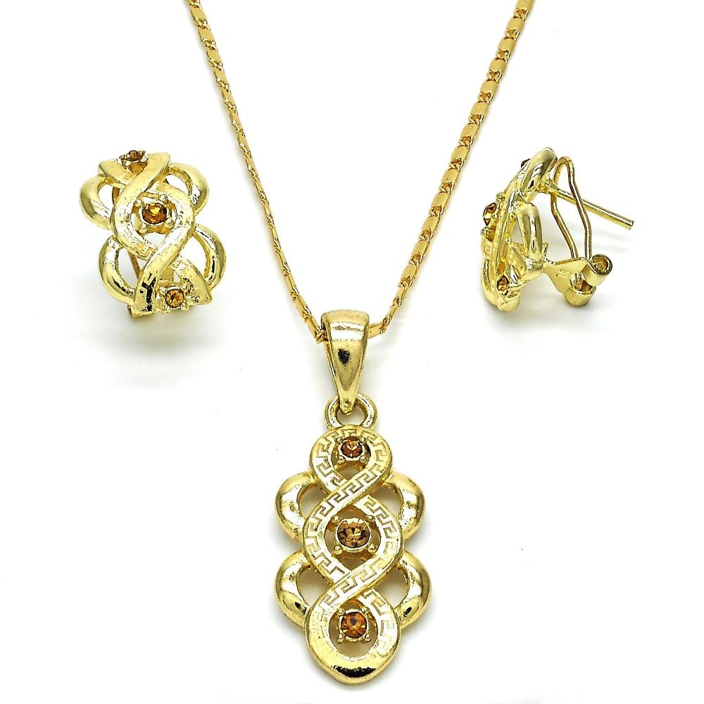 Gold Filled Earring and Pendant Set Greek Key Design with Champagne Crystal Polished Golden Tone