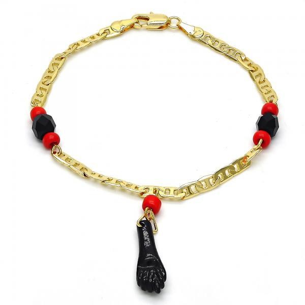 Gold Charm Bracelet Hand Design With Black and Orange Red Azavache Polished Finish Golden Tone