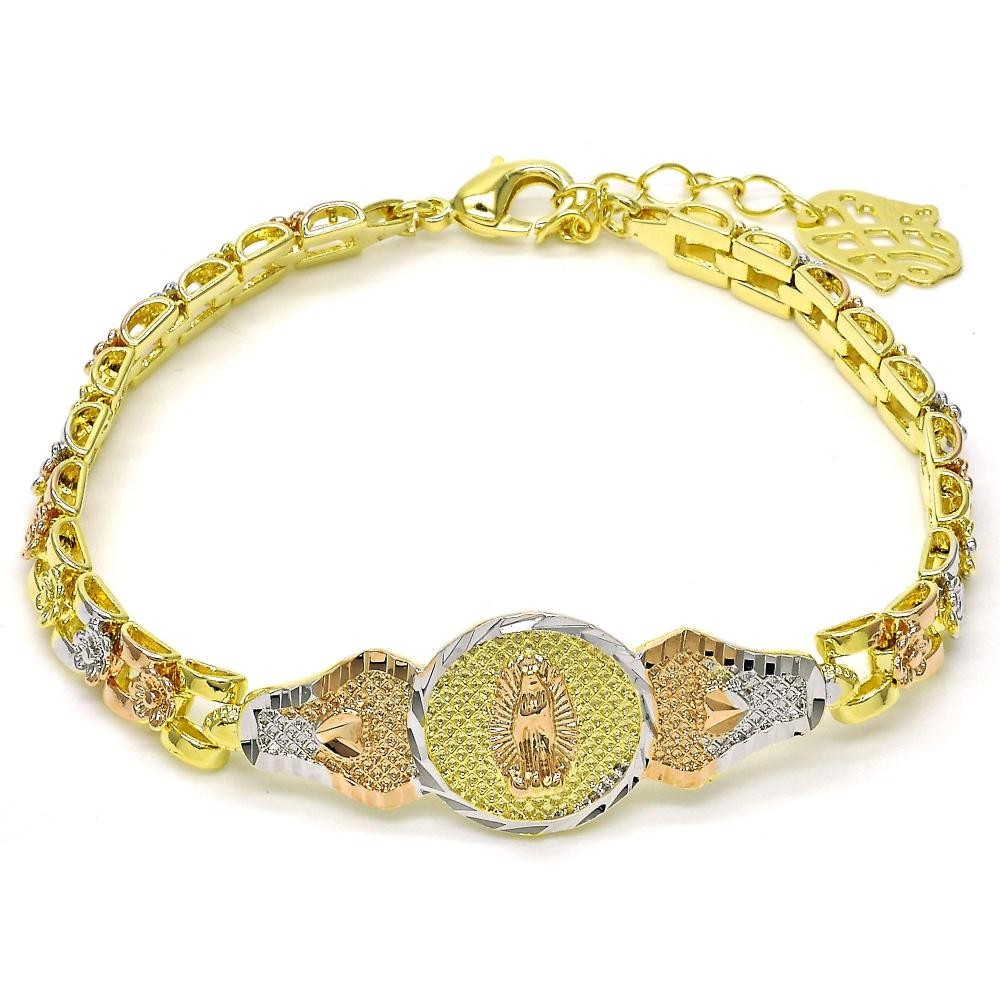 Gold Filled ID Bracelet Guadalupe and Flower Design Diamond Cutting Finish Tri Tone