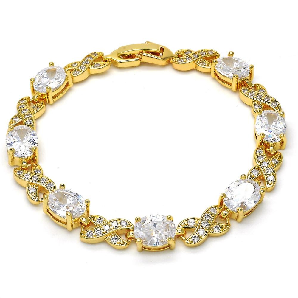 Gold Filled Tennis Bracelet Hugs and Kisses Design With White Cubic Zirconia Polished Finish Golden Tone