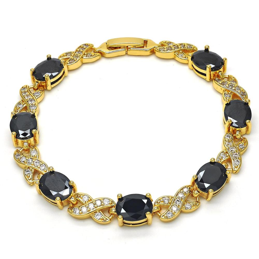Gold Filled Tennis Bracelet Hugs and Kisses Design With Black and White Cubic Zirconia Polished Finish Golden Tone