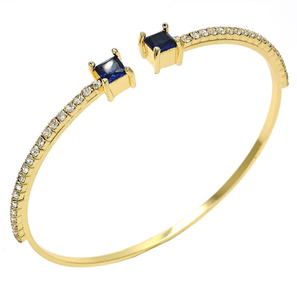 Gold Filled Individual Bangle with Sapphire Blue Cubic Zirconia and White Crystal Polished Golden Tone (02 MM Thickness, One size fits all)