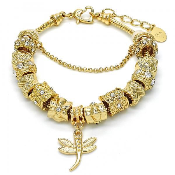 Gold Filled Charm Bracelet Dragon-Fly and Heart Design Golden Tone With White Crystal 