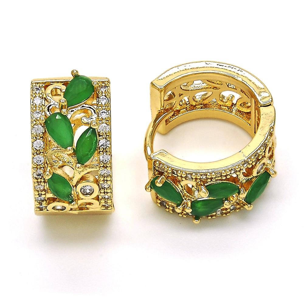 Gold Filled Huggie Hoop Leaf and Teardrop Design With Cubic Zirconia Golden Tone