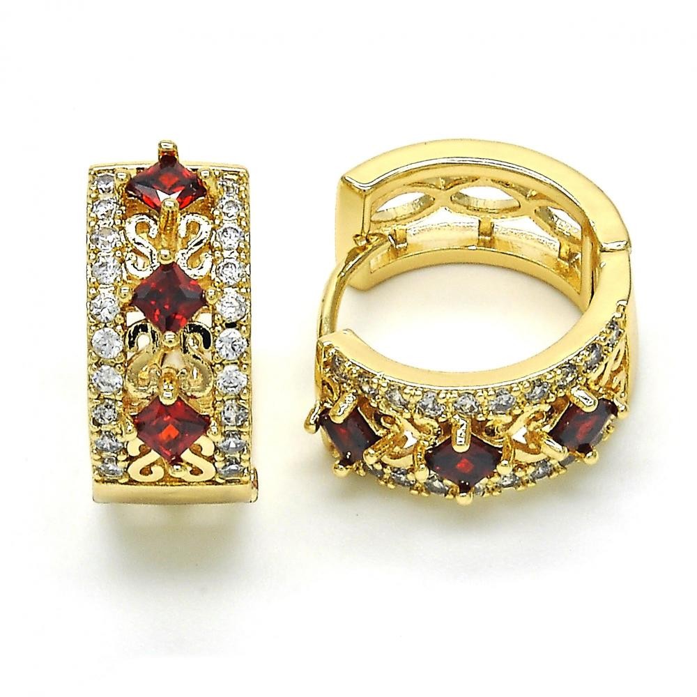 Gold Filled Huggie Hoop With Garnet Cubic Zirconia Golden Tone