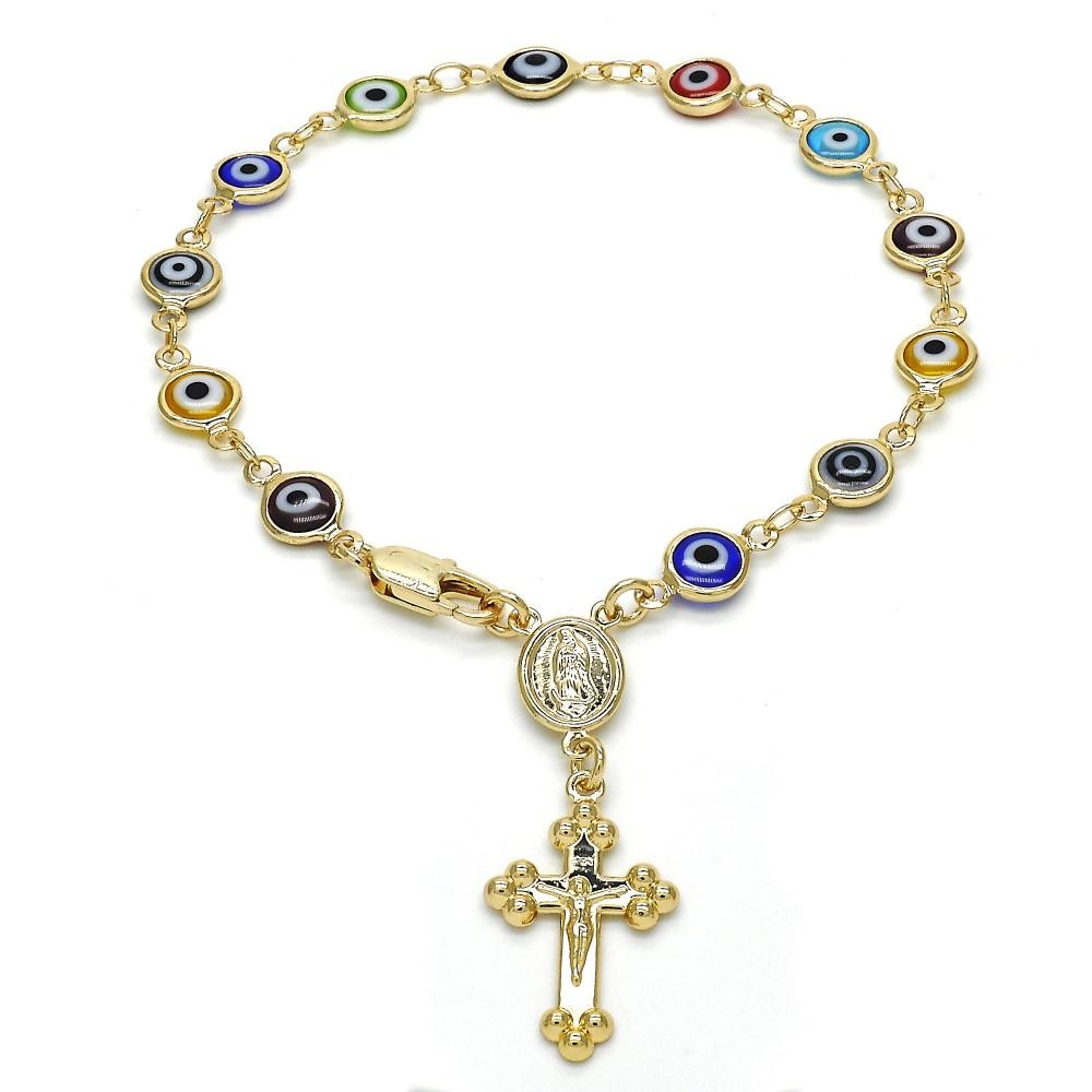 Gold Filled Greek Eye Design Multicolor Rosary Bracelet