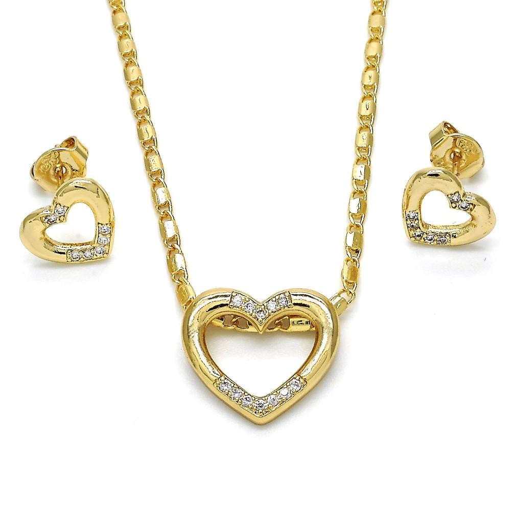 Gold Filled Earring and Pendant Set Heart Design with White Micro Pave Polished Golden Finish