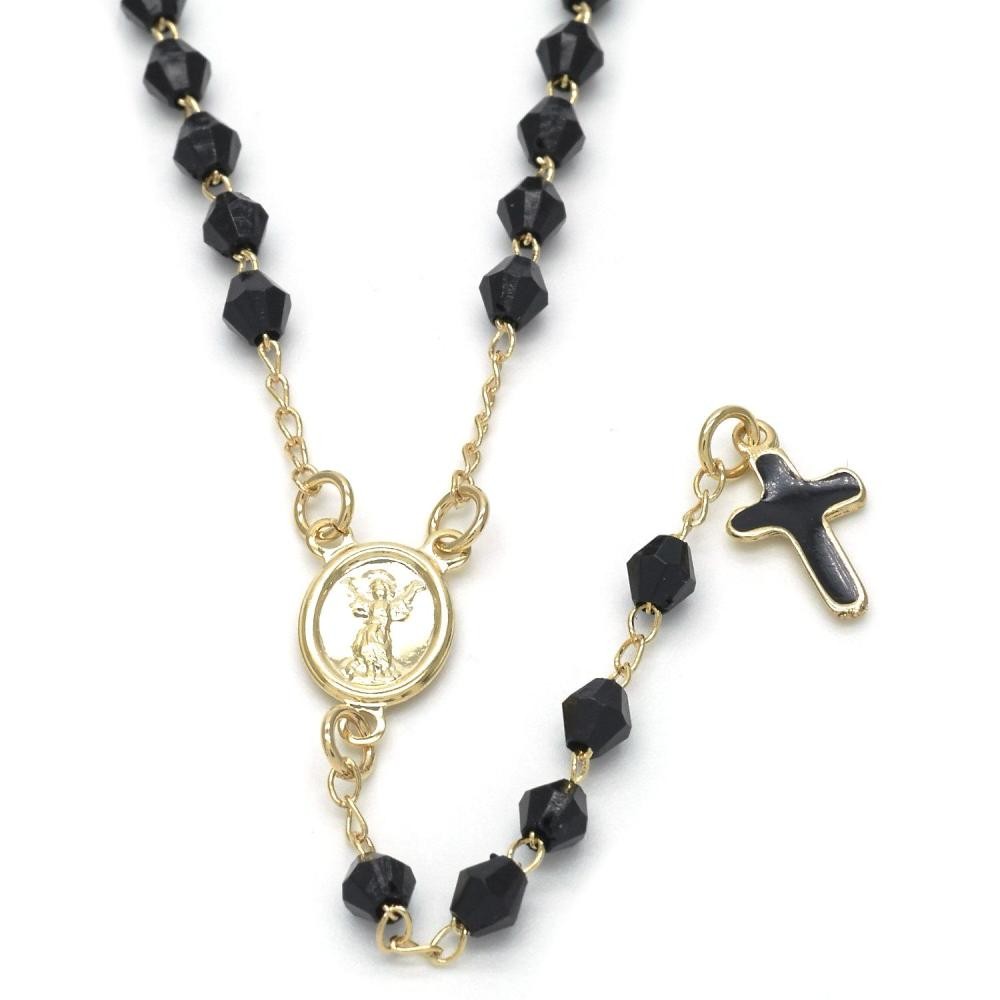 Gold Filled 18 Thin Rosary Divino Niño and Cross Design with Black Azavache Black Enamel Finish Golden Tone