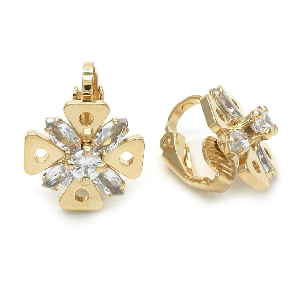 Gold Filled Clip-On Earrings Style Flower Design with White Cubic Zirconia Polished Golden Finish