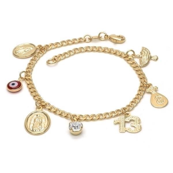 Gold Filled Charm Bracelet Guadalupe and Greek Eye Design With White Cubic Zirconia & Red Resin Finish Golden Tone