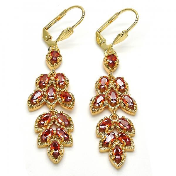 Gold Filled Long Earring Leaf Design Golden Tone With Garnet Cubic Zirconia