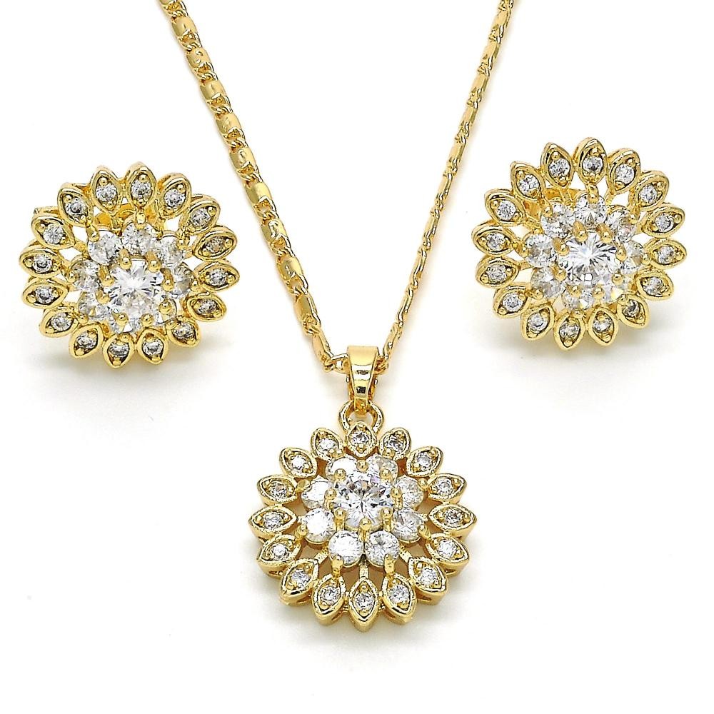 Gold Filled Earring & Pendant Set Flower Design With Clear Cubic Zirconia Polished Finish Golden Tone