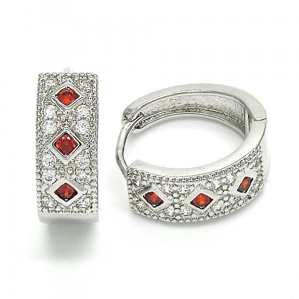 Gold Filled Rhodium Plated Huggie Hoop With Red Cubic Zirconia